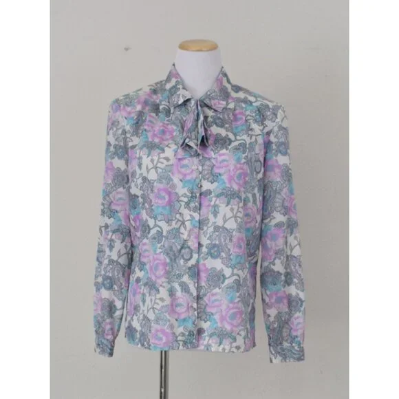 Vintage 70s Floral Paisley Pastel Secretary Blouse / Detachable Bow - Picture 4 of 10